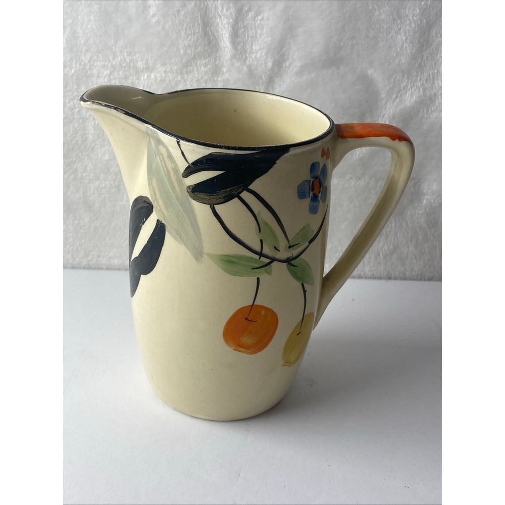 Myott Art Deco Pottery Vintage Ceramic Pitcher Creamer Orange Handle‎ Black Trim